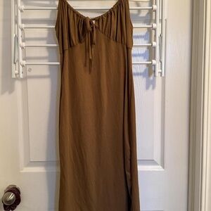 Women’s Brown Midi Slip Dress with Tie Neck